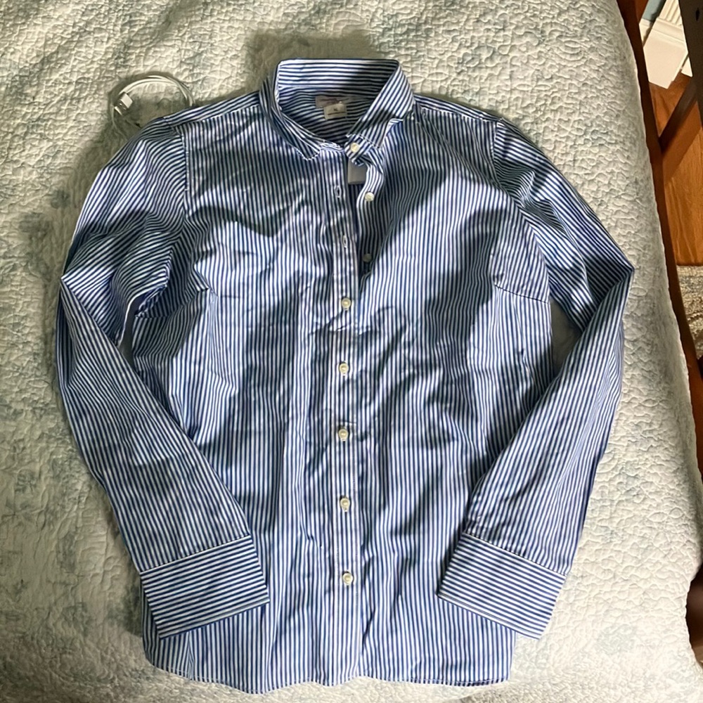 Blue and white striped button up